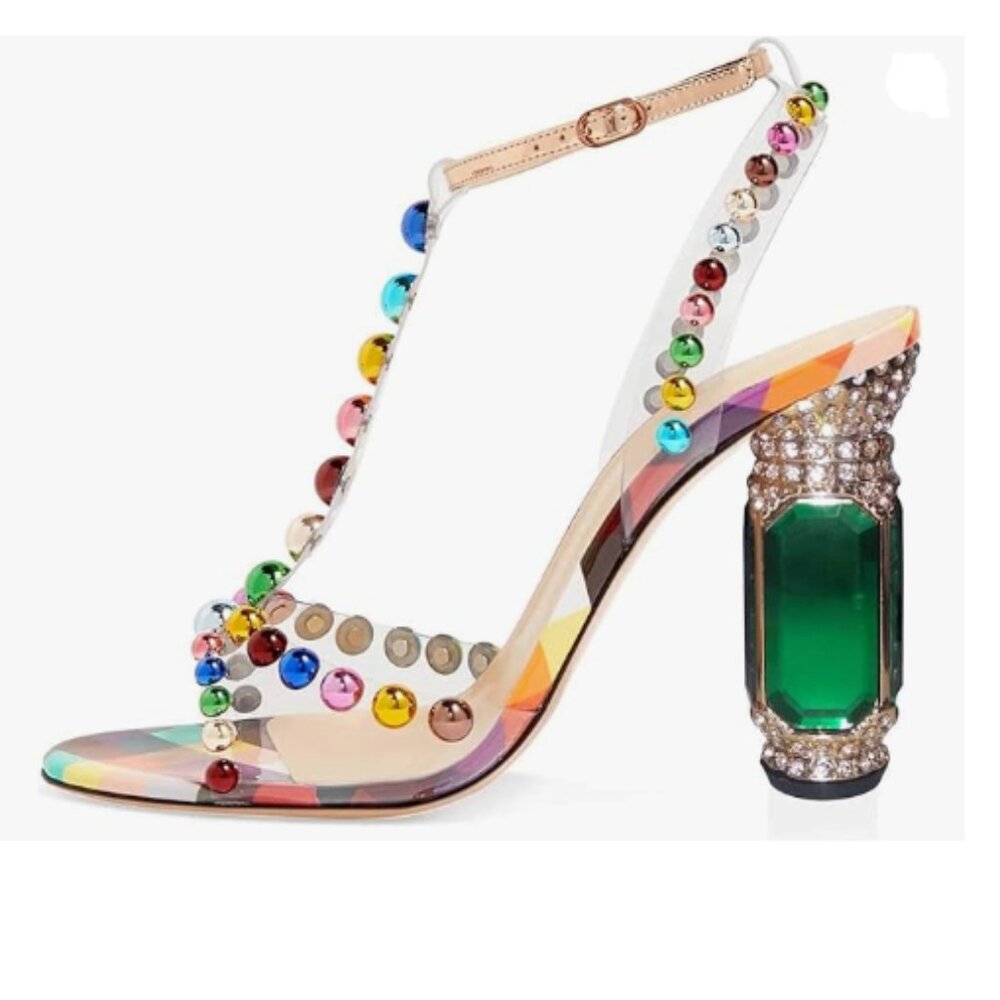 FSJ Multicolor Jeweled T-Strap Sandal with Emerald Block Heel